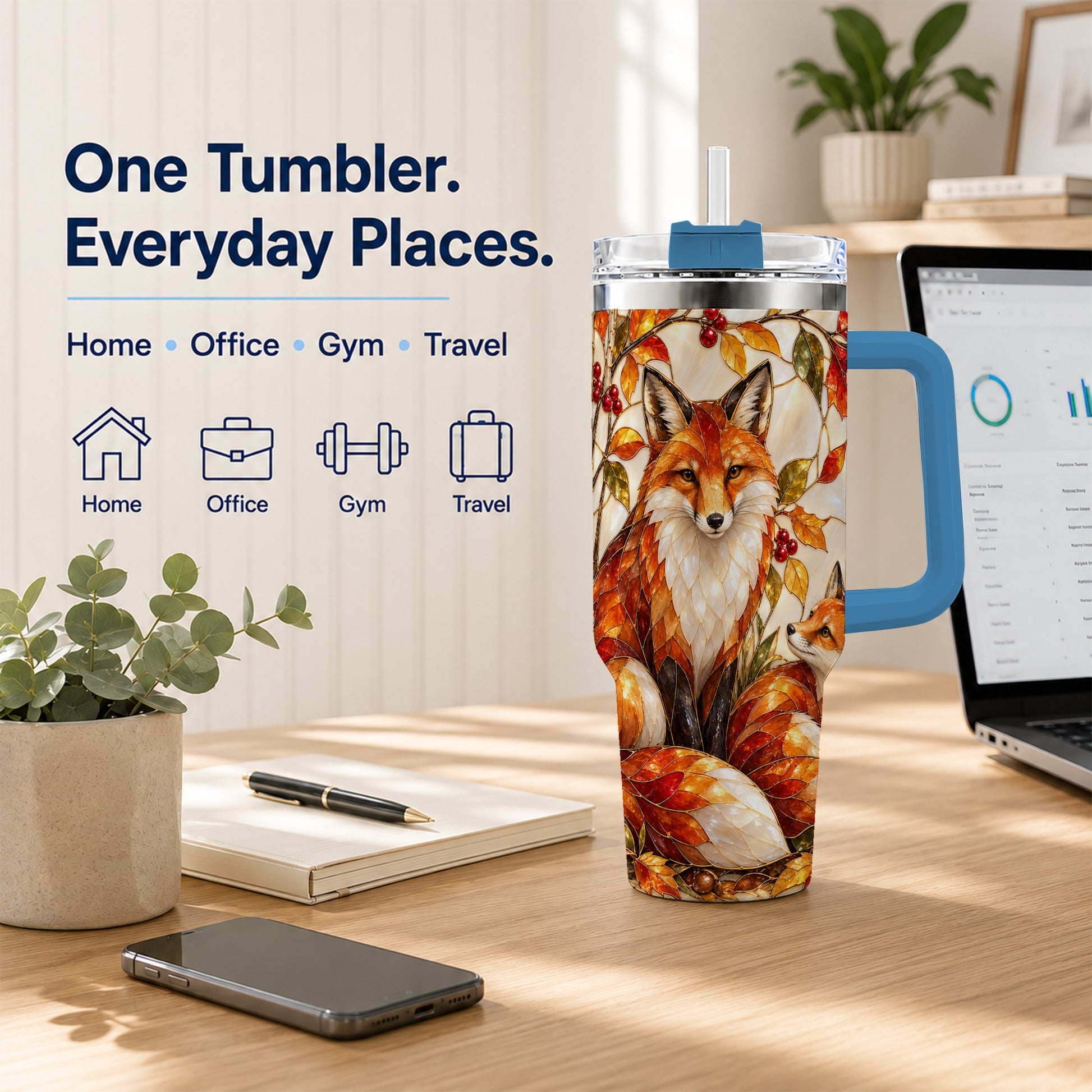 #pl[40oz|Blue] Stained Glass Style Fox 40oz Tumbler with Handle, Autumn Travel Cup