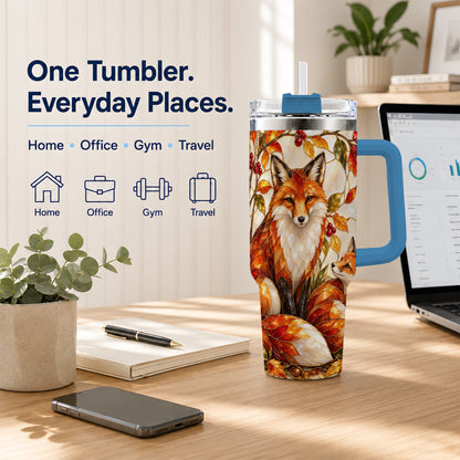 #pl[40oz|Blue] Stained Glass Style Fox 40oz Tumbler with Handle, Autumn Travel Cup