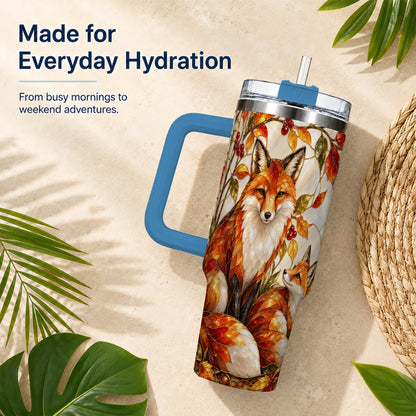 #pl[40oz|Blue] Stained Glass Style Fox 40oz Tumbler with Handle, Autumn Travel Cup