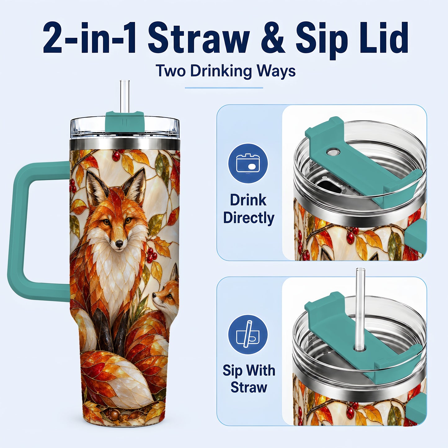 #pl[40oz|Green] Stained Glass Style Fox 40oz Tumbler with Handle, Autumn Travel Cup