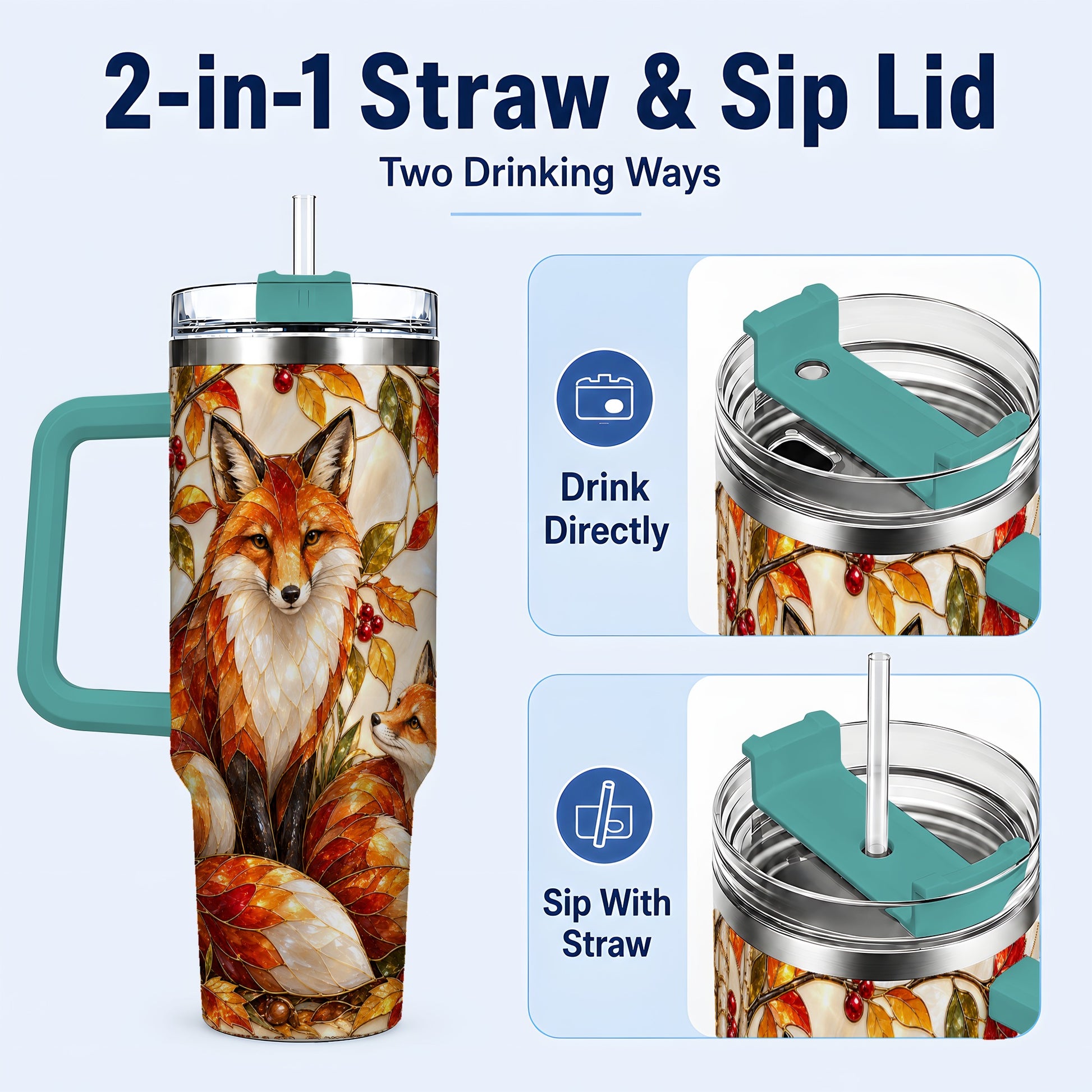 #pl[40oz|Green] Stained Glass Style Fox 40oz Tumbler with Handle, Autumn Travel Cup