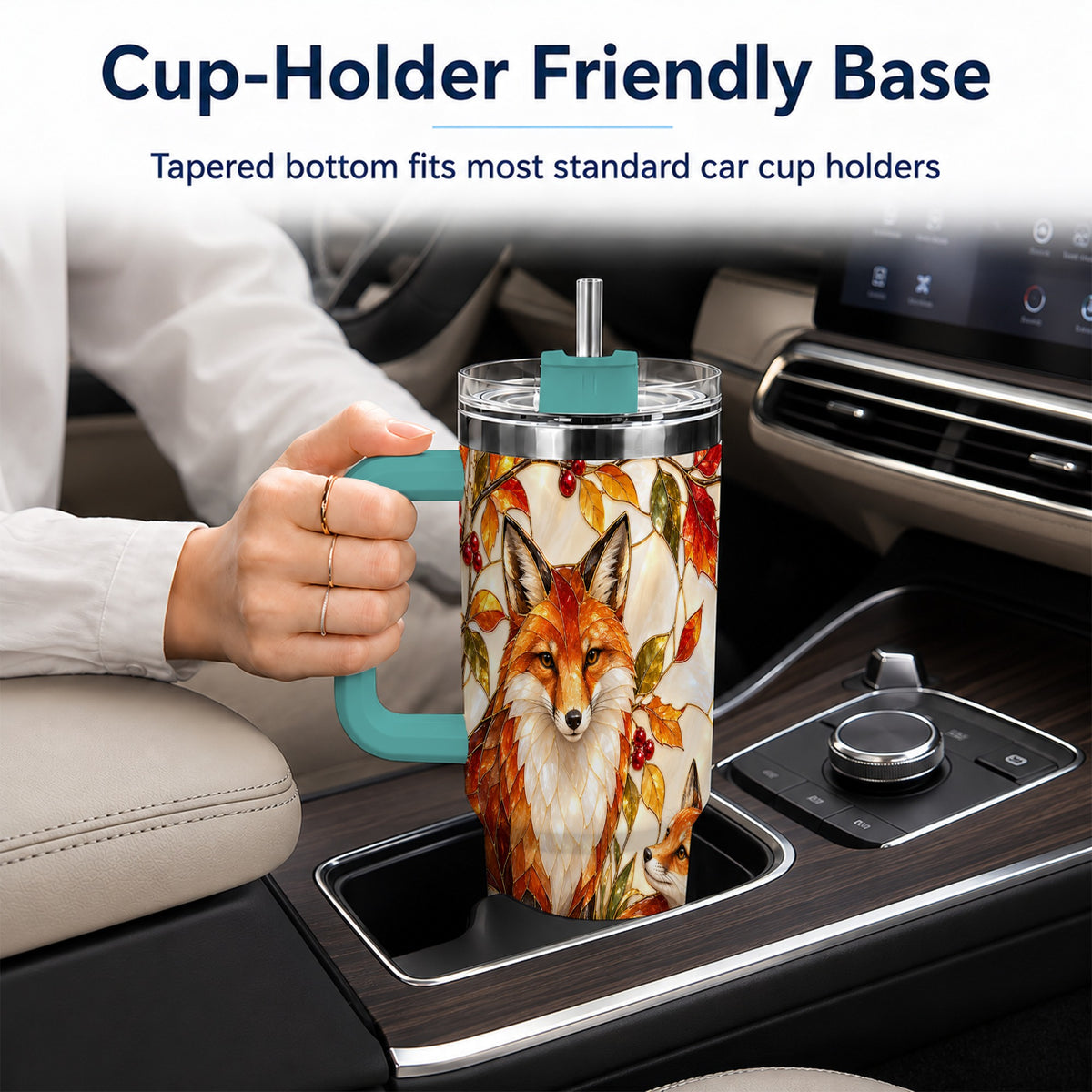 #pl[40oz|Green] Stained Glass Style Fox 40oz Tumbler with Handle, Autumn Travel Cup