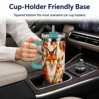 #pl[40oz|Green] Stained Glass Style Fox 40oz Tumbler with Handle, Autumn Travel Cup