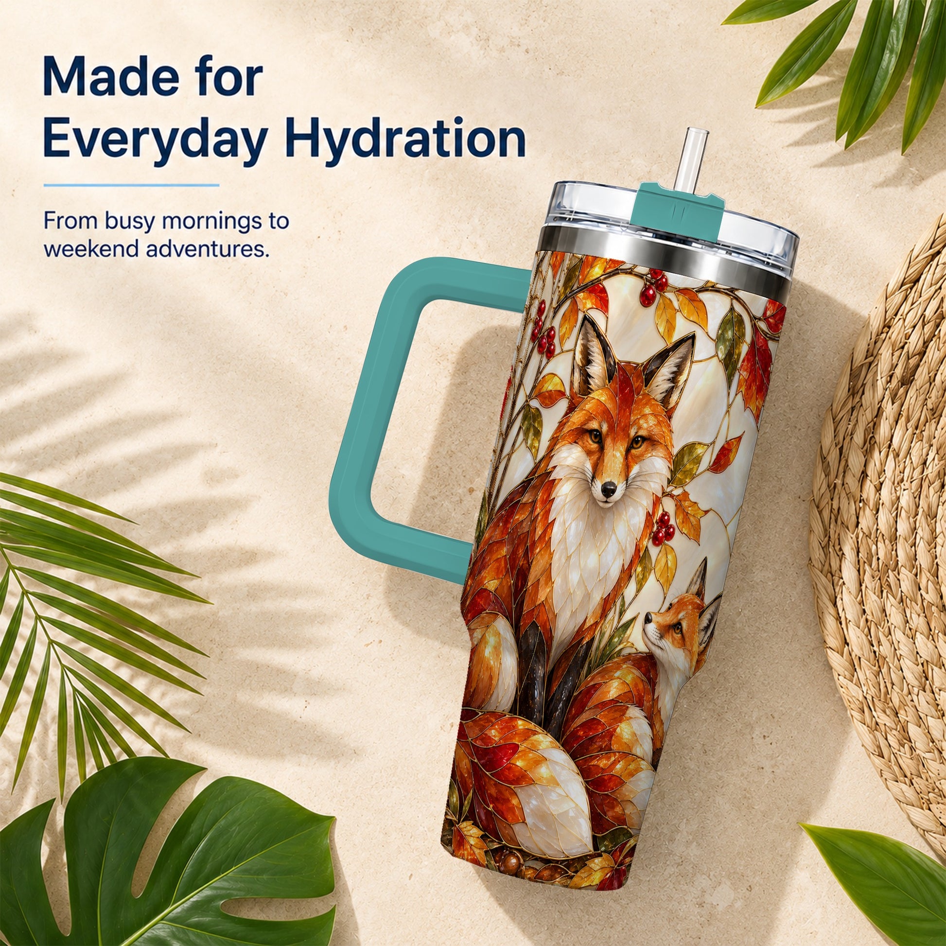 #pl[40oz|Green] Stained Glass Style Fox 40oz Tumbler with Handle, Autumn Travel Cup