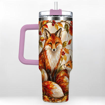 #pl[40oz|Pink] Stained Glass Style Fox 40oz Tumbler with Handle, Autumn Travel Cup