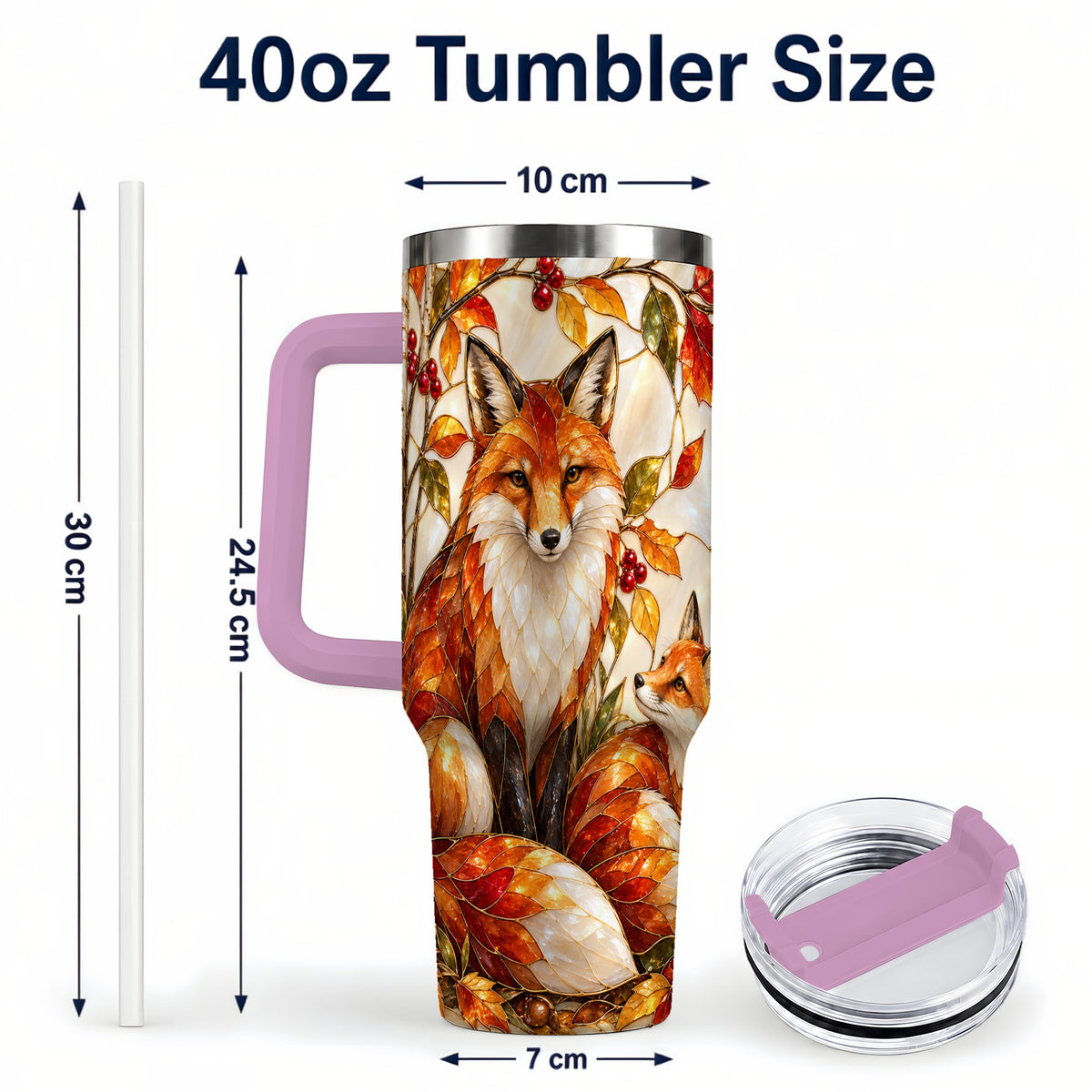 #pl[40oz|Pink] Stained Glass Style Fox 40oz Tumbler with Handle, Autumn Travel Cup
