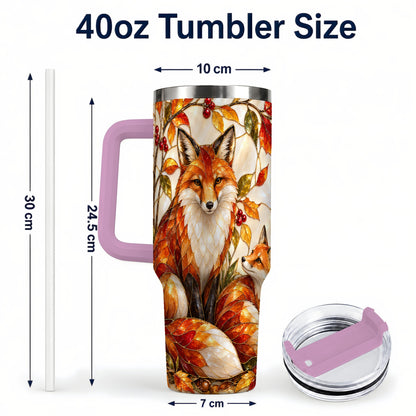 #pl[40oz|Pink] Stained Glass Style Fox 40oz Tumbler with Handle, Autumn Travel Cup