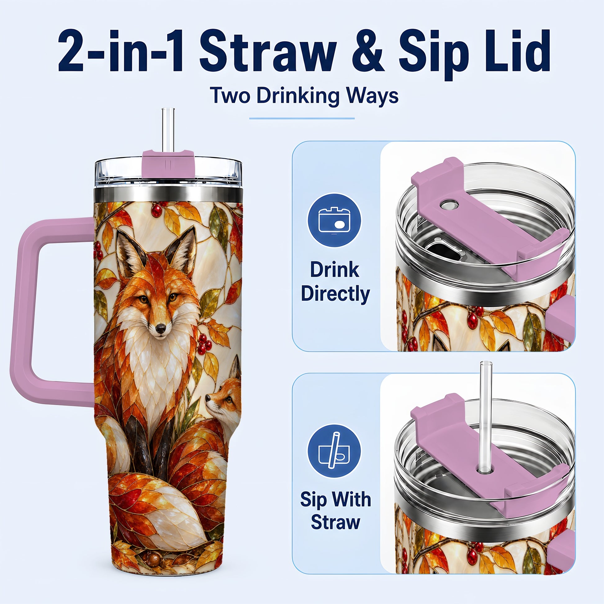#pl[40oz|Pink] Stained Glass Style Fox 40oz Tumbler with Handle, Autumn Travel Cup