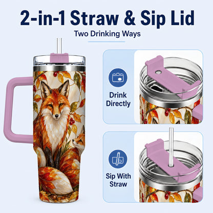 #pl[40oz|Pink] Stained Glass Style Fox 40oz Tumbler with Handle, Autumn Travel Cup