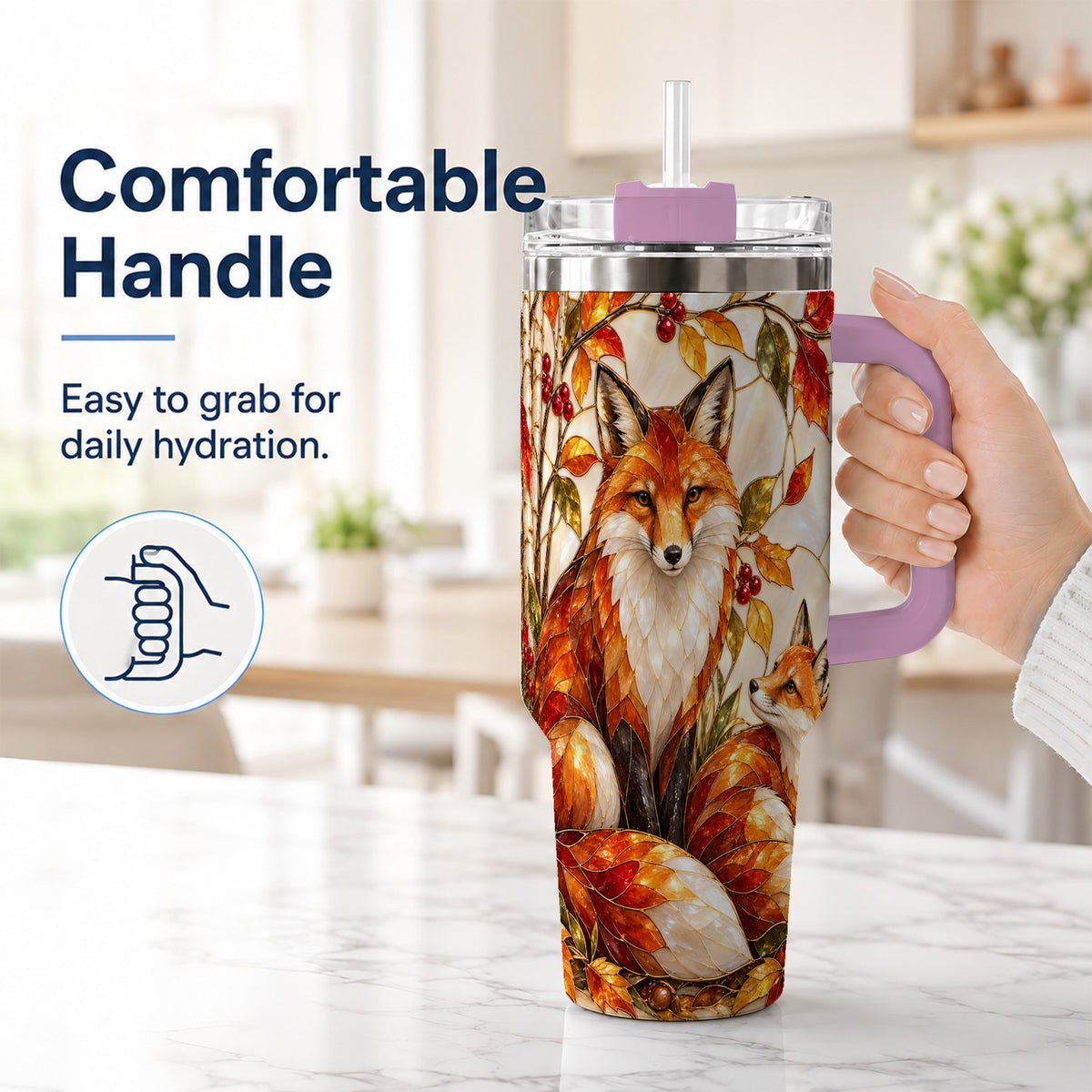 #pl[40oz|Pink] Stained Glass Style Fox 40oz Tumbler with Handle, Autumn Travel Cup