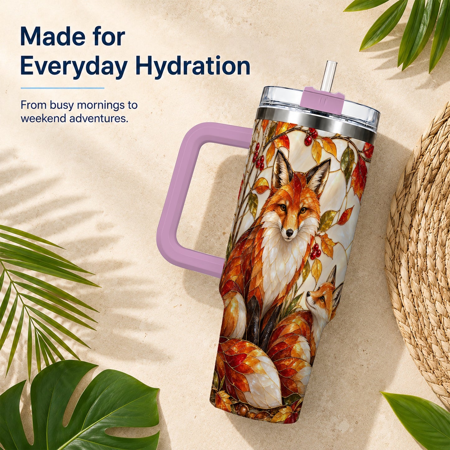 #pl[40oz|Pink] Stained Glass Style Fox 40oz Tumbler with Handle, Autumn Travel Cup