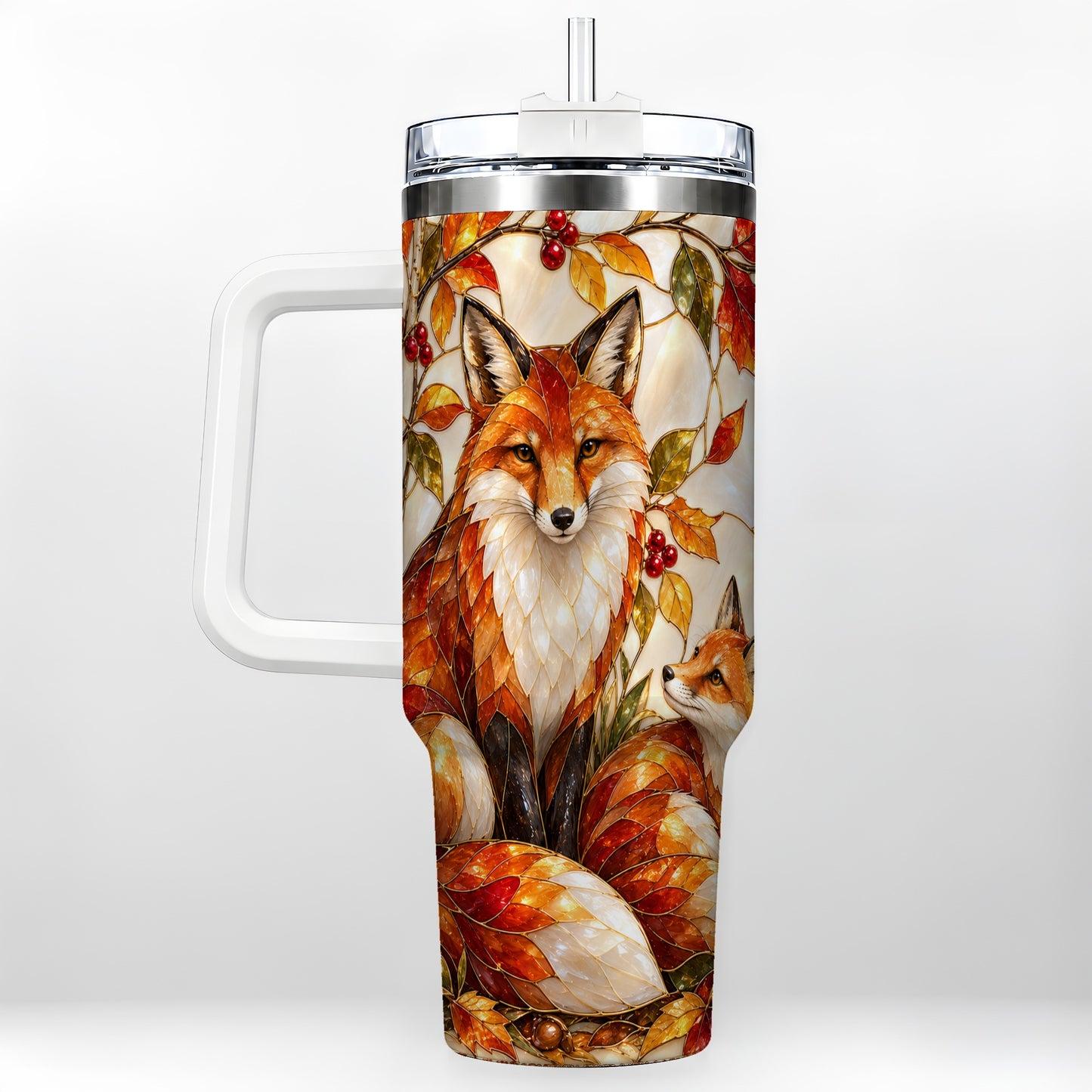 Stained Glass Style Fox 40oz Tumbler with Handle, Autumn Travel Cup
