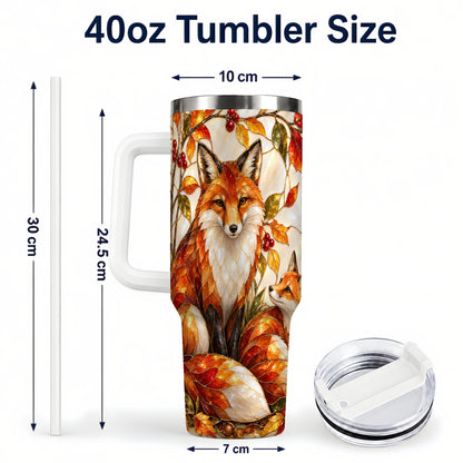 #pl[40oz|White] Stained Glass Style Fox 40oz Tumbler with Handle, Autumn Travel Cup