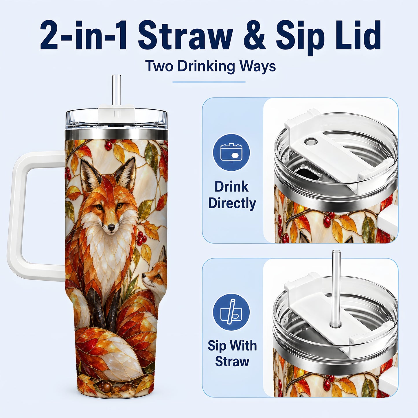 #pl[40oz|White] Stained Glass Style Fox 40oz Tumbler with Handle, Autumn Travel Cup