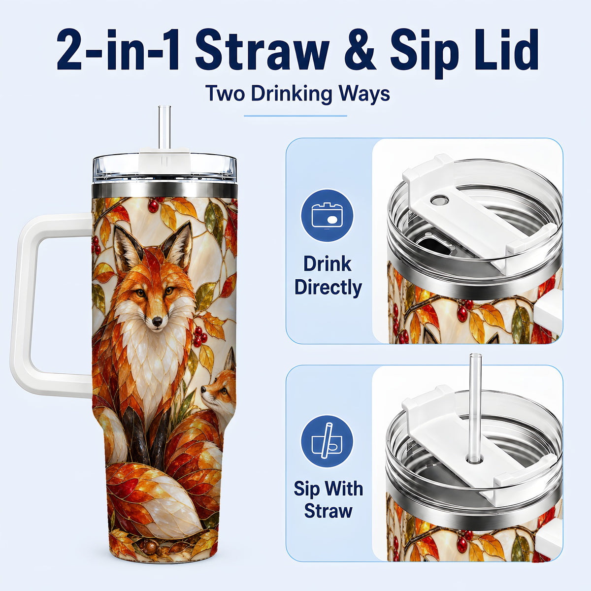 #pl[40oz|White] Stained Glass Style Fox 40oz Tumbler with Handle, Autumn Travel Cup