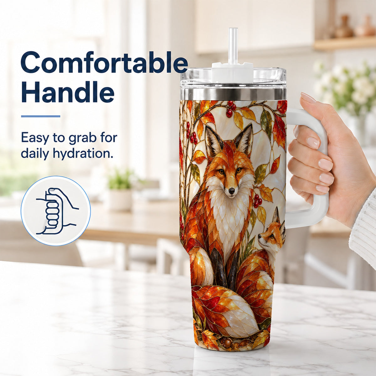 #pl[40oz|White] Stained Glass Style Fox 40oz Tumbler with Handle, Autumn Travel Cup
