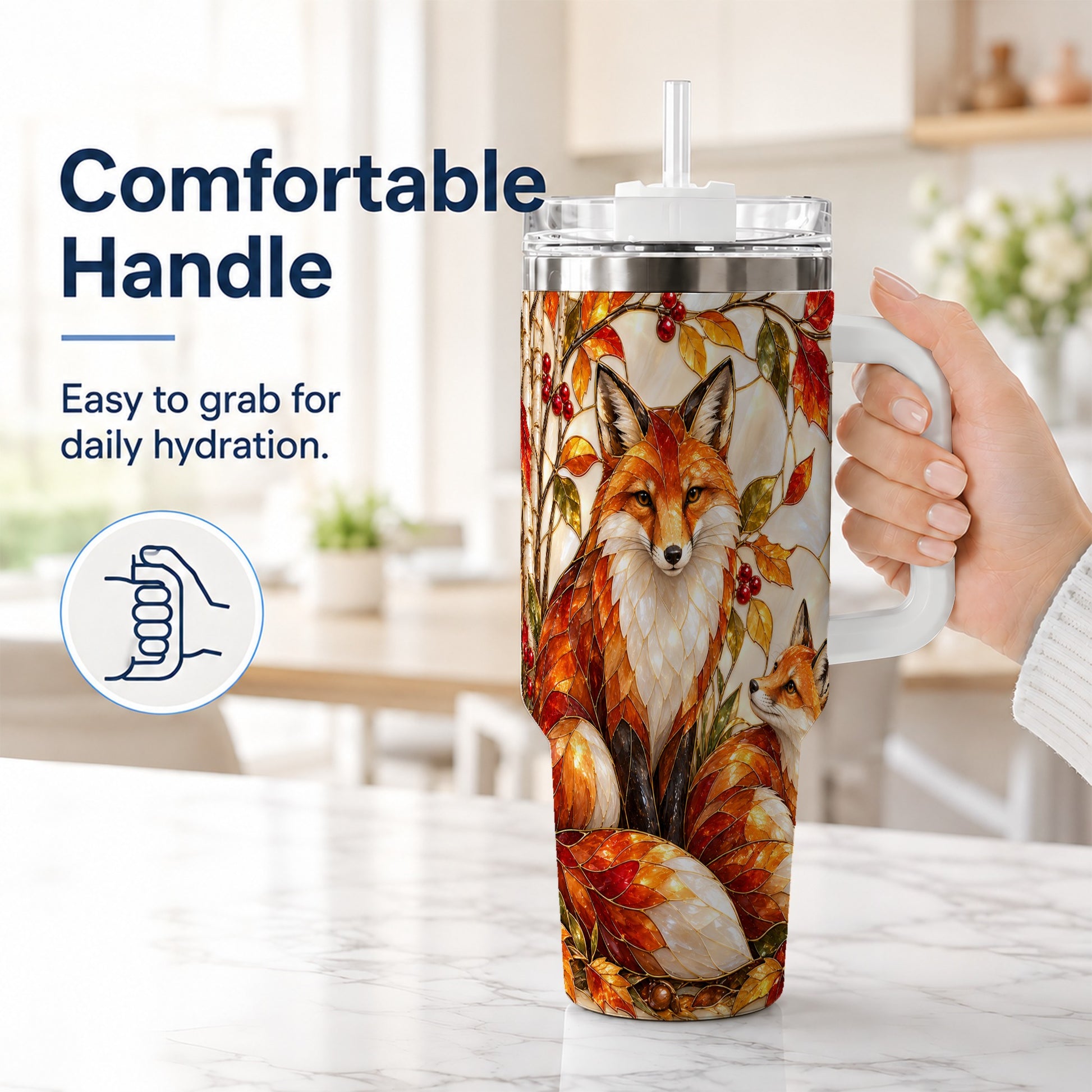 #pl[40oz|White] Stained Glass Style Fox 40oz Tumbler with Handle, Autumn Travel Cup