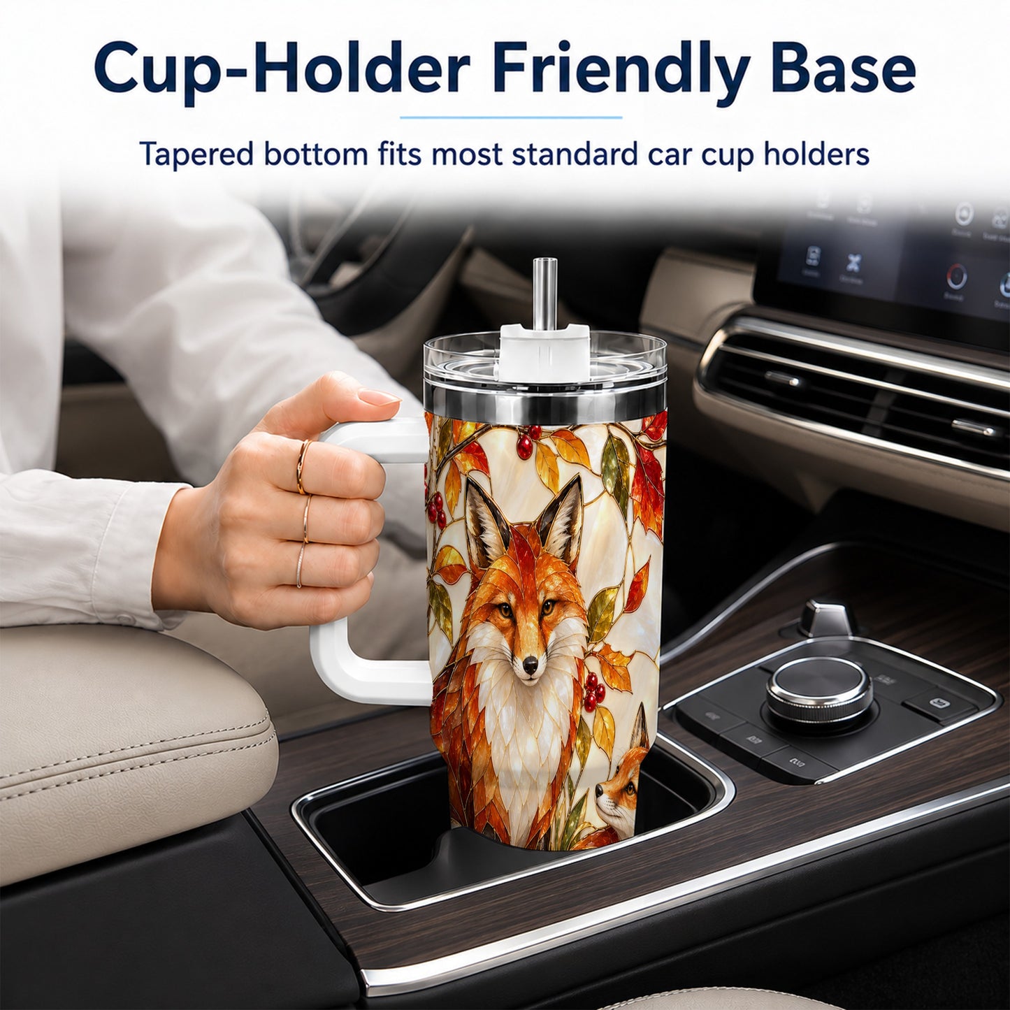 #pl[40oz|White] Stained Glass Style Fox 40oz Tumbler with Handle, Autumn Travel Cup