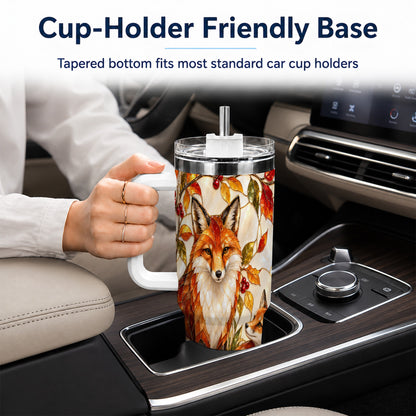 #pl[40oz|White] Stained Glass Style Fox 40oz Tumbler with Handle, Autumn Travel Cup