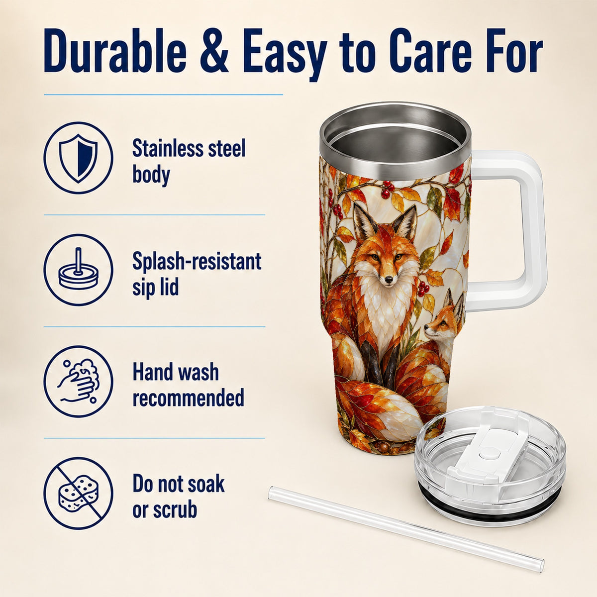 #pl[40oz|White] Stained Glass Style Fox 40oz Tumbler with Handle, Autumn Travel Cup