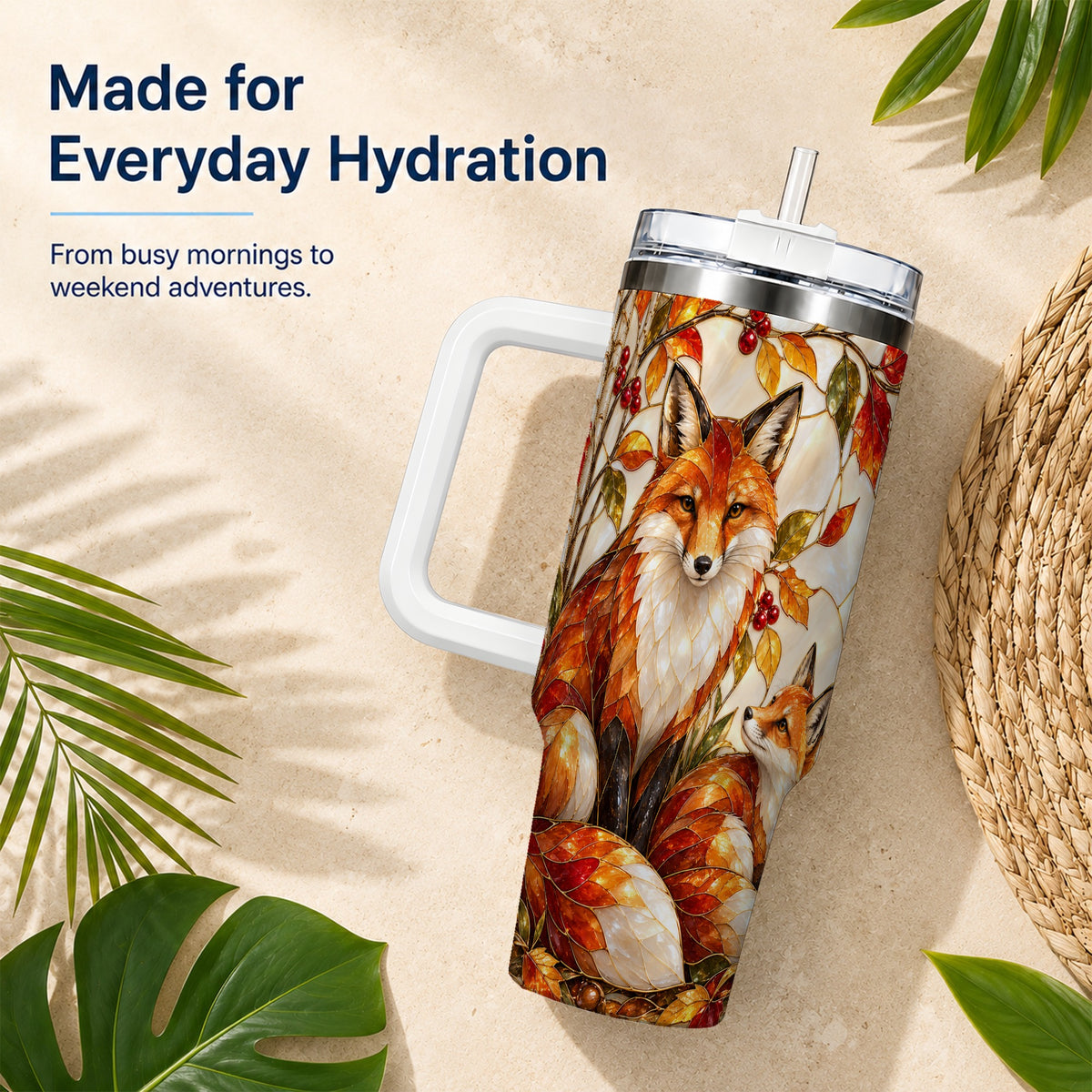 #pl[40oz|White] Stained Glass Style Fox 40oz Tumbler with Handle, Autumn Travel Cup