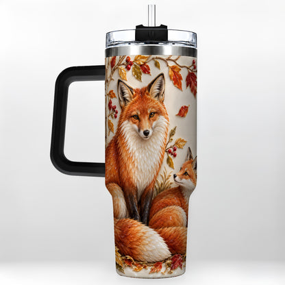 #pl[40oz|Black] Autumn Fox 40oz Tumbler with Handle, Botanical Woodland Travel Cup