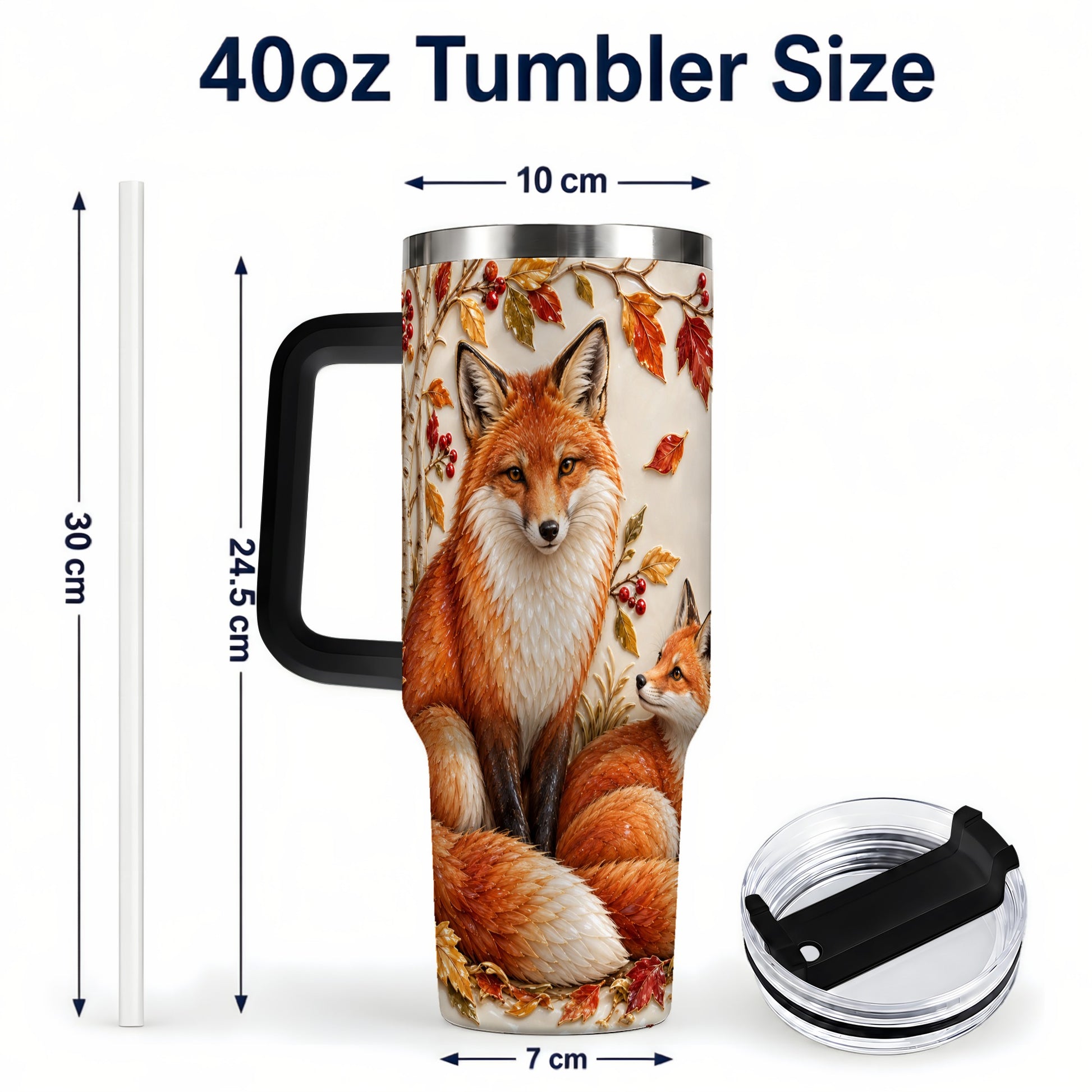 #pl[40oz|Black] Autumn Fox 40oz Tumbler with Handle, Botanical Woodland Travel Cup