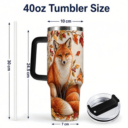 #pl[40oz|Black] Autumn Fox 40oz Tumbler with Handle, Botanical Woodland Travel Cup