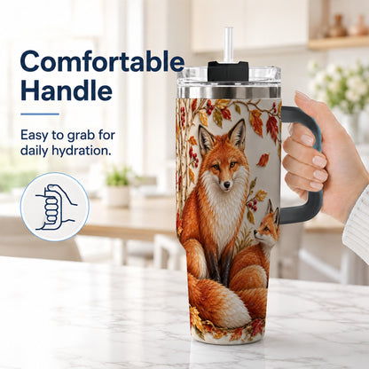 #pl[40oz|Black] Autumn Fox 40oz Tumbler with Handle, Botanical Woodland Travel Cup