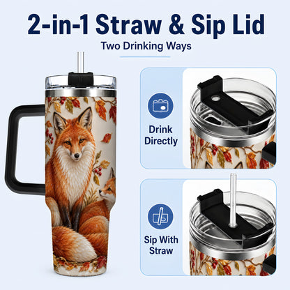 #pl[40oz|Black] Autumn Fox 40oz Tumbler with Handle, Botanical Woodland Travel Cup