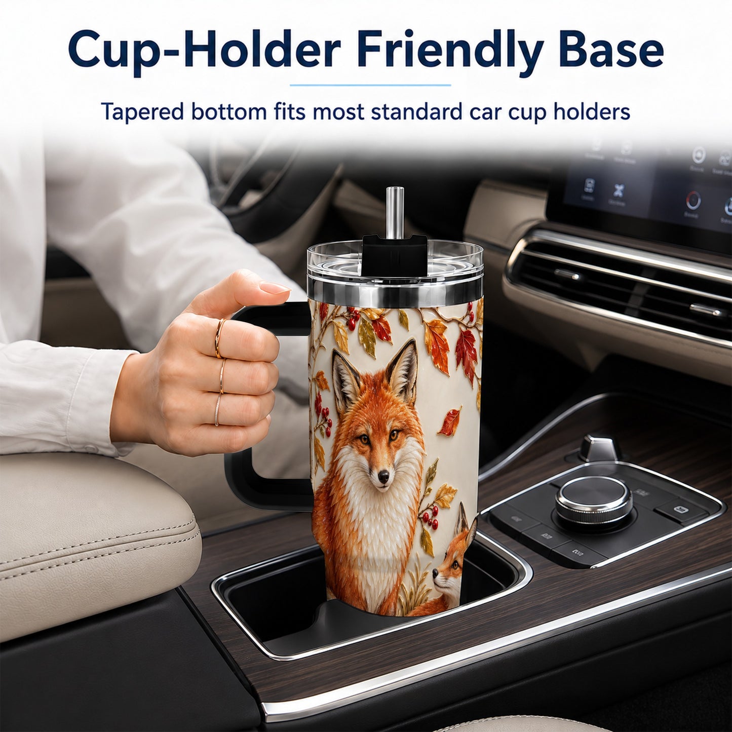 #pl[40oz|Black] Autumn Fox 40oz Tumbler with Handle, Botanical Woodland Travel Cup