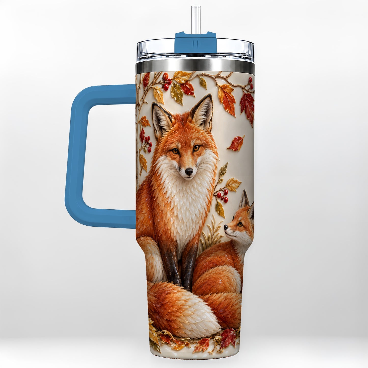 #pl[40oz|Blue] Autumn Fox 40oz Tumbler with Handle, Botanical Woodland Travel Cup