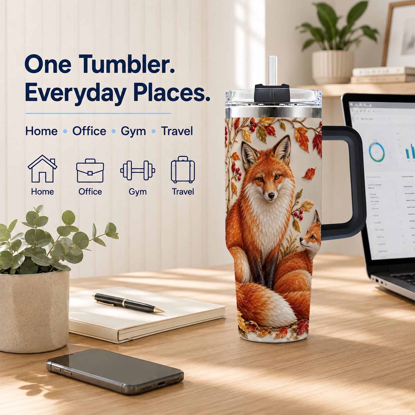#pl[40oz|Black] Autumn Fox 40oz Tumbler with Handle, Botanical Woodland Travel Cup