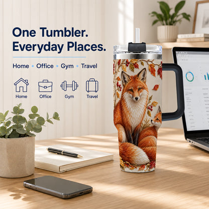 #pl[40oz|Black] Autumn Fox 40oz Tumbler with Handle, Botanical Woodland Travel Cup