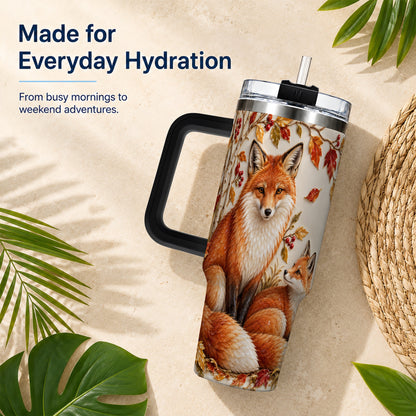 #pl[40oz|Black] Autumn Fox 40oz Tumbler with Handle, Botanical Woodland Travel Cup