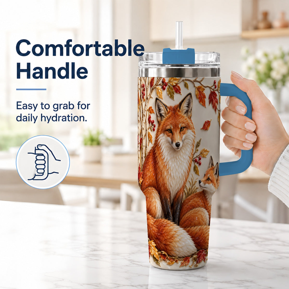 #pl[40oz|Blue] Autumn Fox 40oz Tumbler with Handle, Botanical Woodland Travel Cup