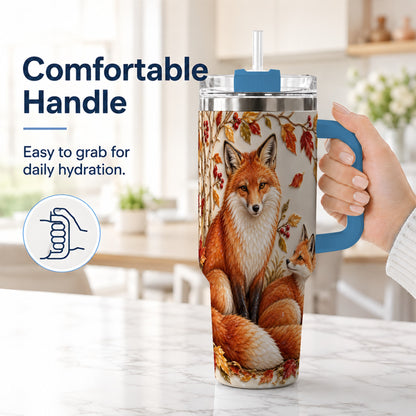 #pl[40oz|Blue] Autumn Fox 40oz Tumbler with Handle, Botanical Woodland Travel Cup