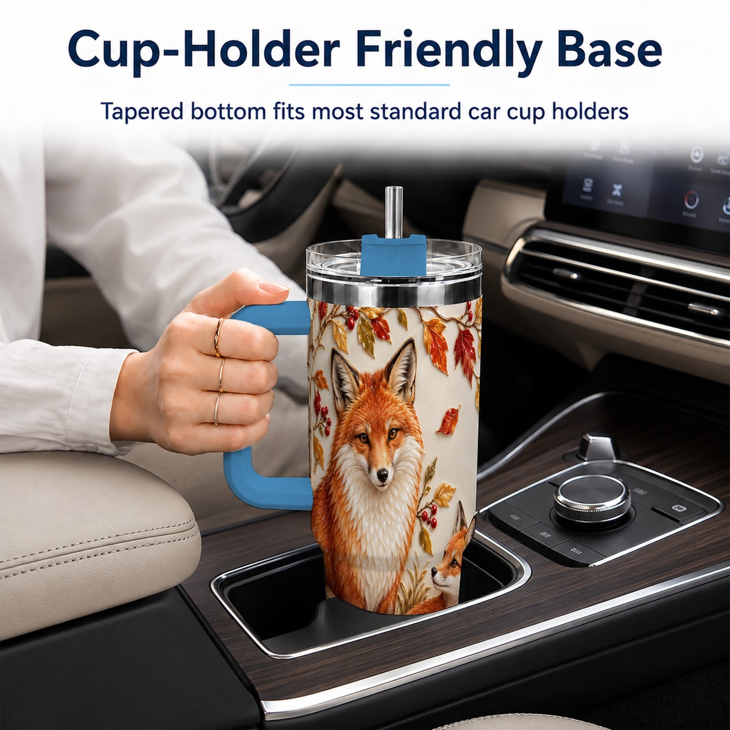 #pl[40oz|Blue] Autumn Fox 40oz Tumbler with Handle, Botanical Woodland Travel Cup