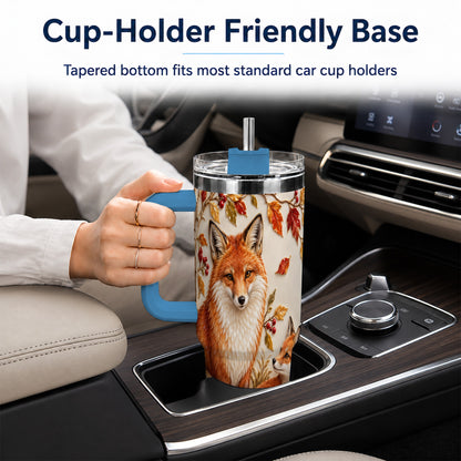 #pl[40oz|Blue] Autumn Fox 40oz Tumbler with Handle, Botanical Woodland Travel Cup