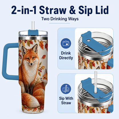 #pl[40oz|Blue] Autumn Fox 40oz Tumbler with Handle, Botanical Woodland Travel Cup