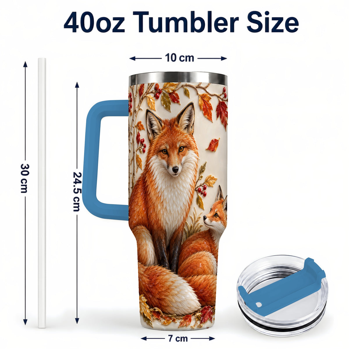 #pl[40oz|Blue] Autumn Fox 40oz Tumbler with Handle, Botanical Woodland Travel Cup