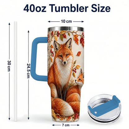 #pl[40oz|Blue] Autumn Fox 40oz Tumbler with Handle, Botanical Woodland Travel Cup