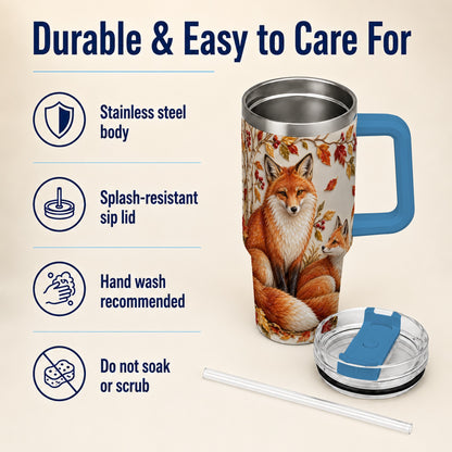 #pl[40oz|Blue] Autumn Fox 40oz Tumbler with Handle, Botanical Woodland Travel Cup