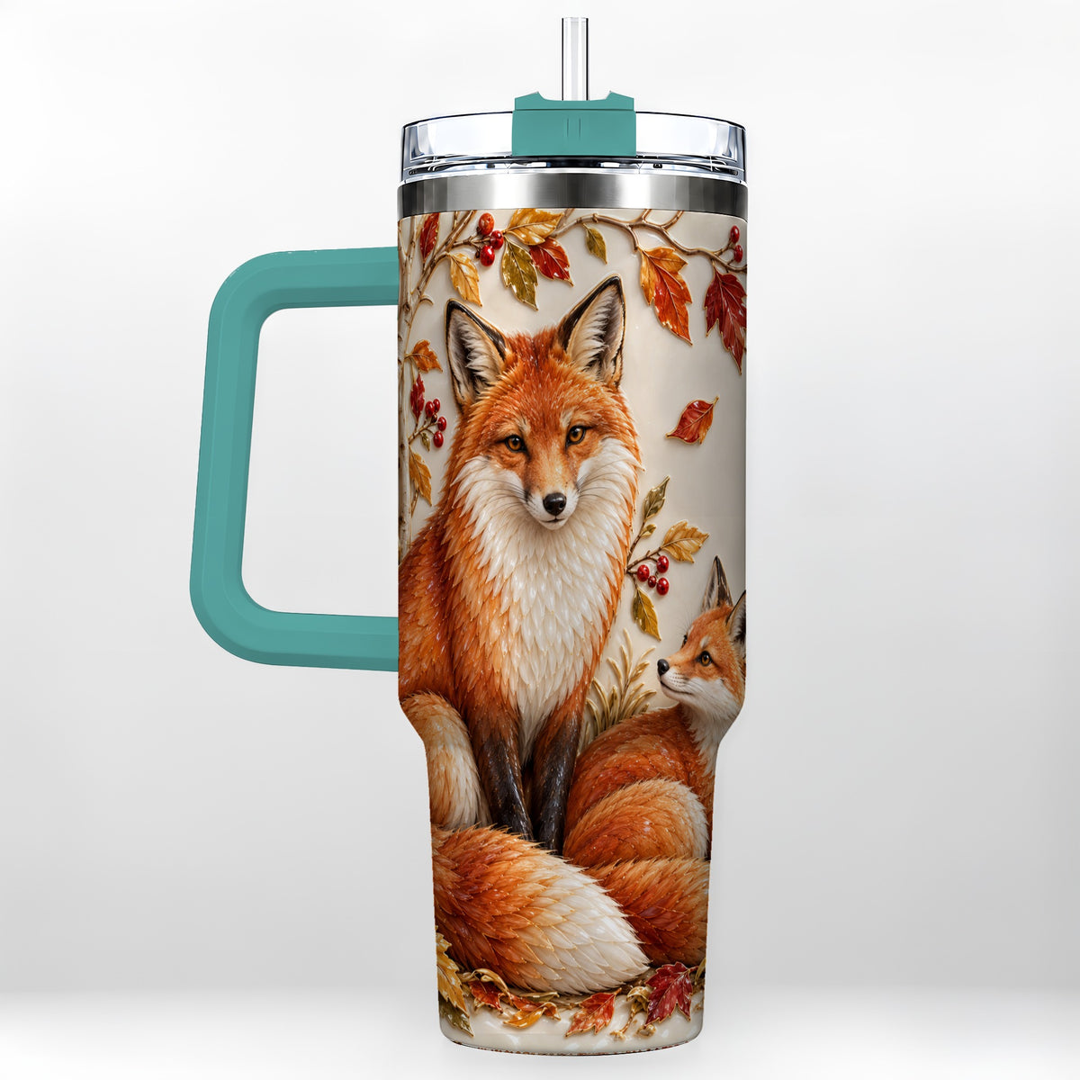 #pl[40oz|Green] Autumn Fox 40oz Tumbler with Handle, Botanical Woodland Travel Cup