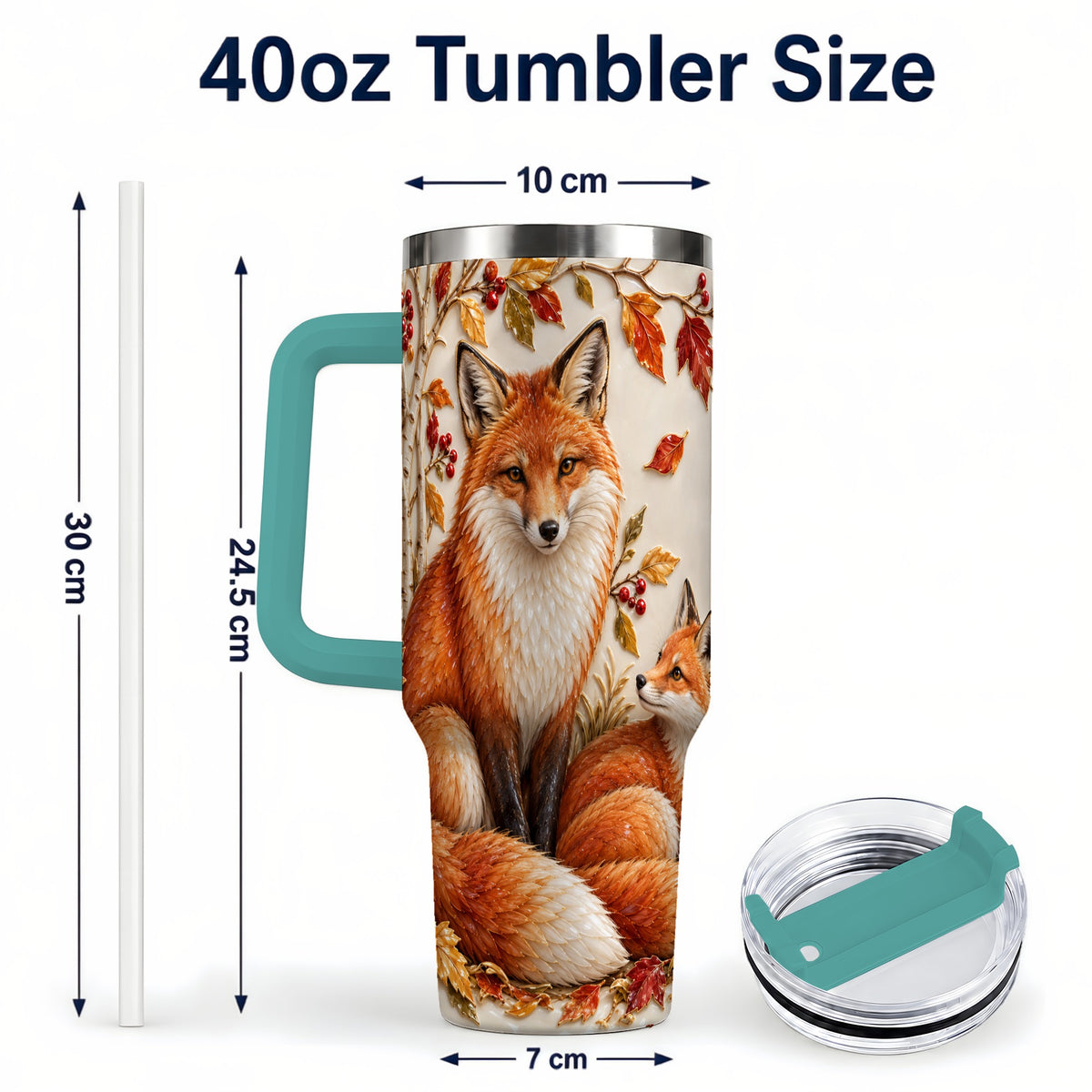 #pl[40oz|Green] Autumn Fox 40oz Tumbler with Handle, Botanical Woodland Travel Cup