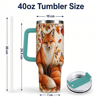 #pl[40oz|Green] Autumn Fox 40oz Tumbler with Handle, Botanical Woodland Travel Cup