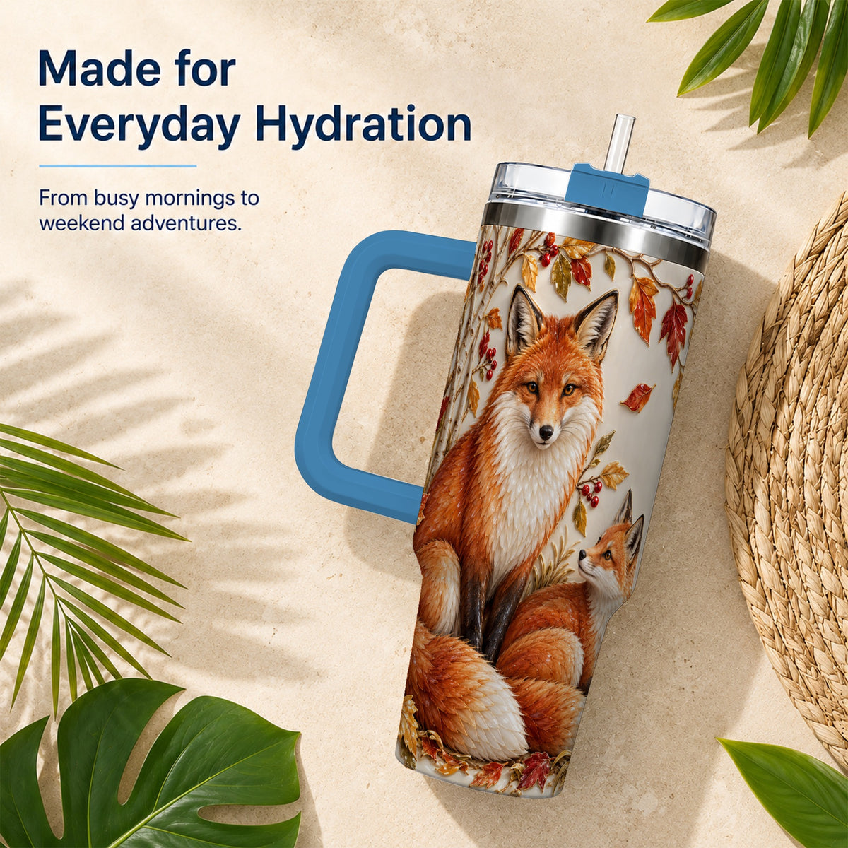 #pl[40oz|Blue] Autumn Fox 40oz Tumbler with Handle, Botanical Woodland Travel Cup