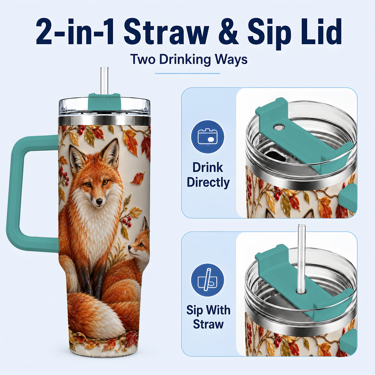 #pl[40oz|Green] Autumn Fox 40oz Tumbler with Handle, Botanical Woodland Travel Cup