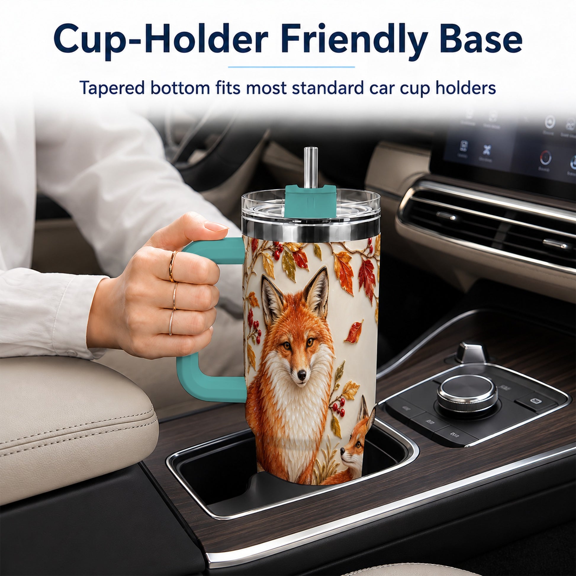 #pl[40oz|Green] Autumn Fox 40oz Tumbler with Handle, Botanical Woodland Travel Cup