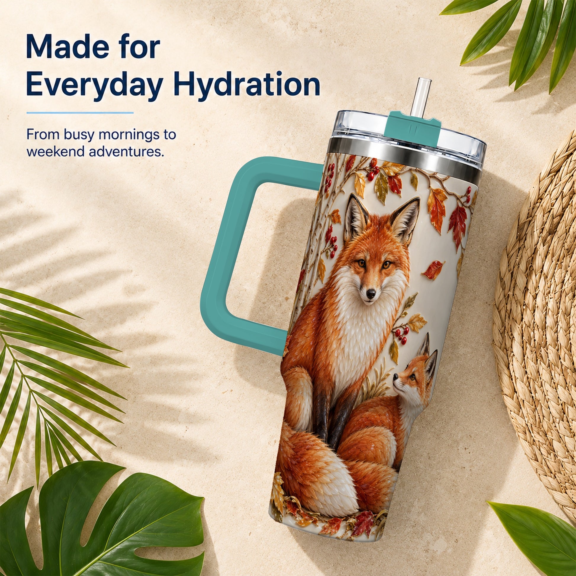 #pl[40oz|Green] Autumn Fox 40oz Tumbler with Handle, Botanical Woodland Travel Cup